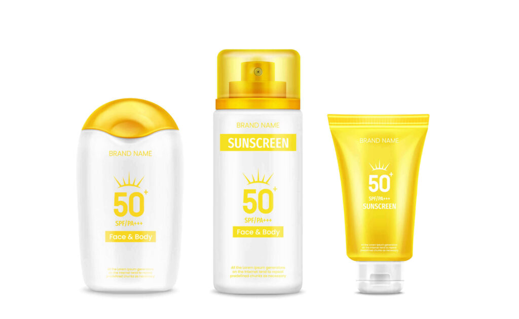 Kategori tekstur, Sunscreen cream bottle and tube with yellow cap.
