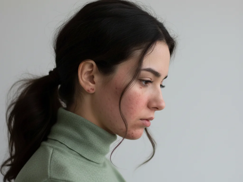 seorang wanita menunduk sedih karena bekas jerawat di wajahnya, PIE, PIH (Image Concept by Homey Button) seorang wanita menunduk sedih karena bekas jerawat di wajahnya, PIE, PIH (Image Concept by Homey Button)