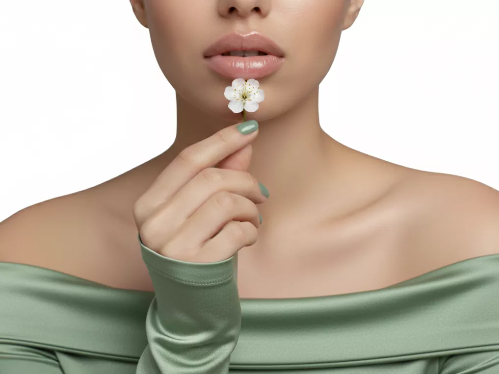 wanita cantik dengan bibir pink dan kenyal sedang berpose memegang bunga (Image Concept by Homey Button)