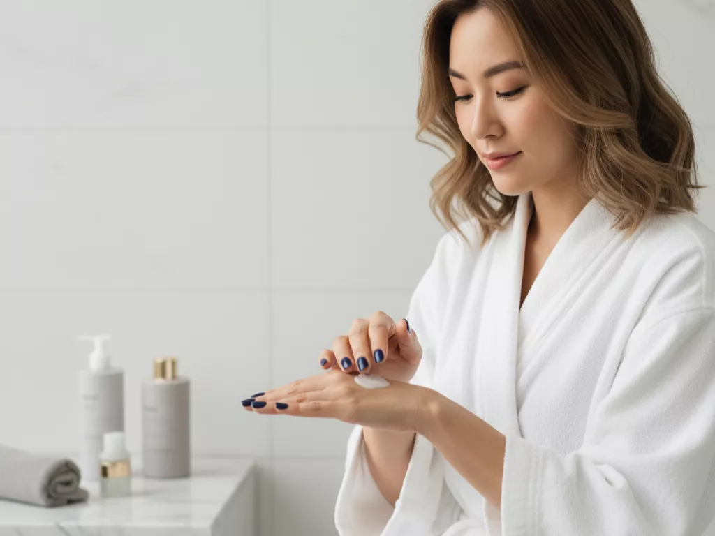 seorang wanita mengoleskan body serum ke tangannya (Image Concept by Homey Button)