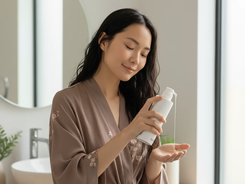 seorang wanita sedang menuang conditioner untuk rambut ngembang (Image Concept by Homey Button) seorang wanita sedang menuang conditioner untuk rambut ngembang (Image Concept by Homey Button)