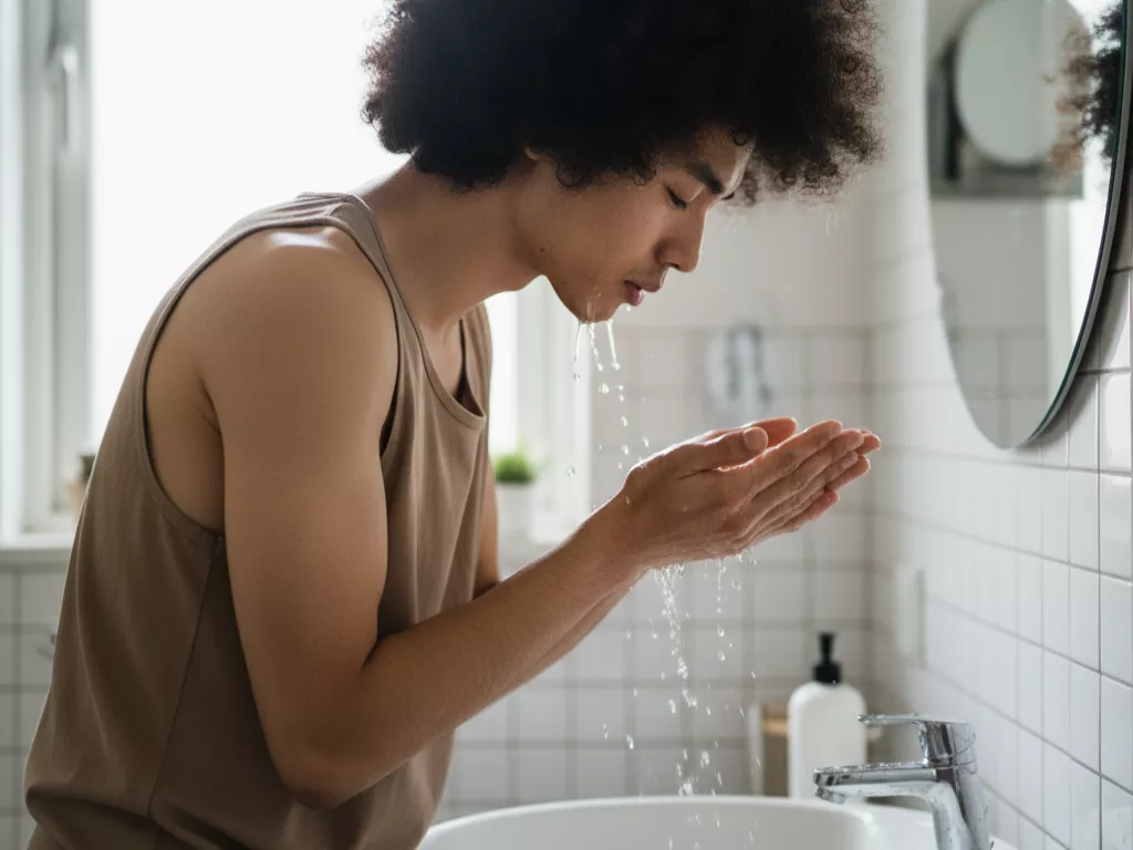 seorang pria cuci muka, melawan rasa malas membersihkan wajah (Image Concept by Homey Button)