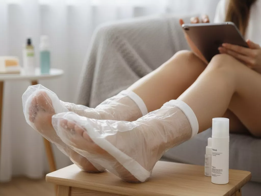 eksfoliasi kaki di rumah dengan masker kaki (Image Concept by Homey Button) eksfoliasi kaki di rumah dengan masker kaki (Image Concept by Homey Button)