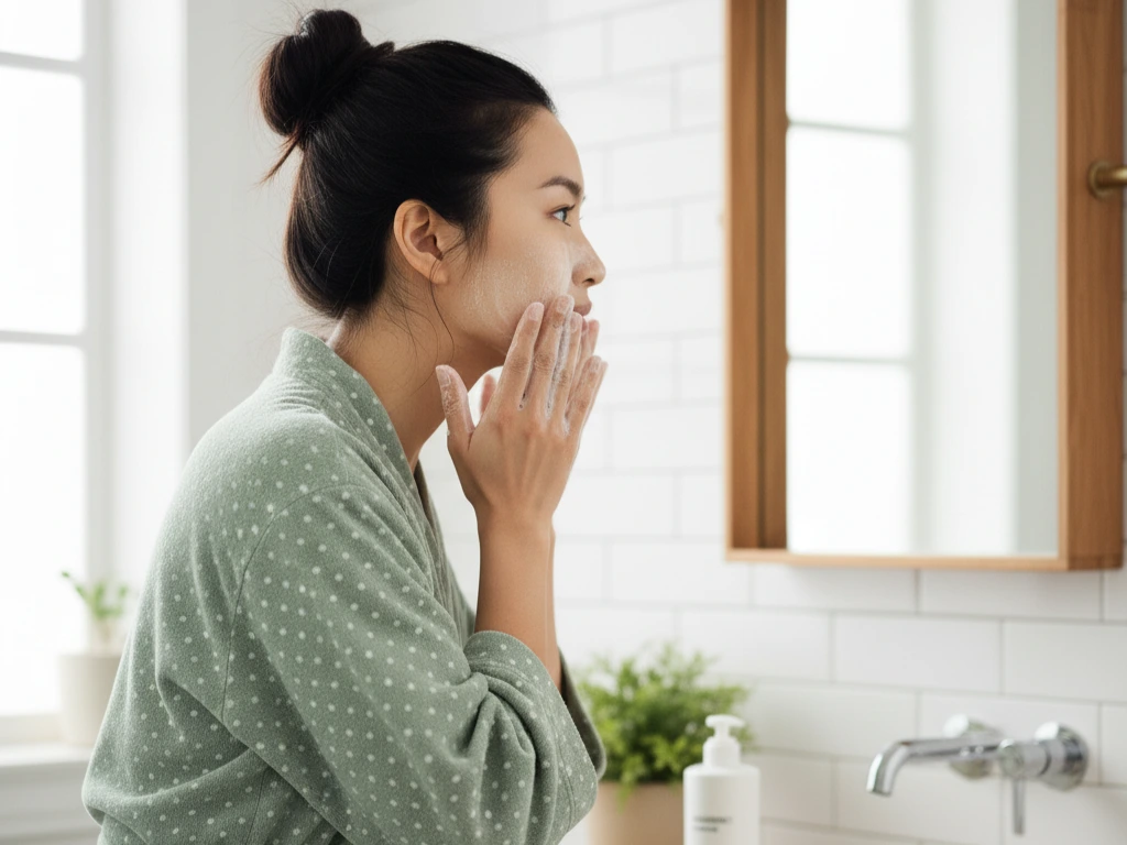 seorang wanita cuci muka pakai facial wash untuk wajah kusam (Image Concept by Homey Button)