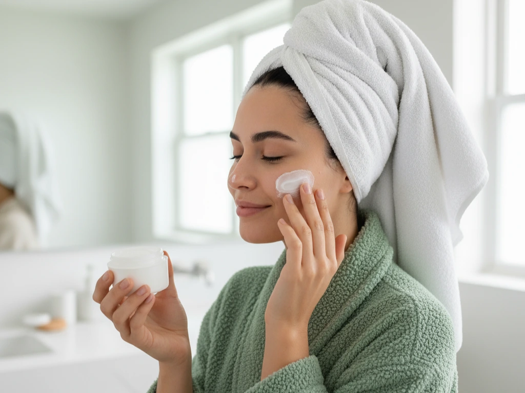 seorang wanita mengoleskan krim di wajah untuk mengatasi kulit kusam (Image Concept by Homey Button)