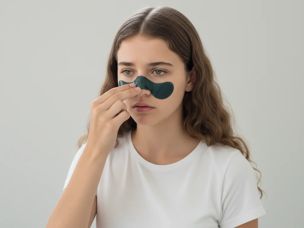 remaja wanita memakai pore pack untuk komedo di hidung (Image Concept by Homey Button) remaja wanita memakai pore pack untuk komedo di hidung (Image Concept by Homey Button)