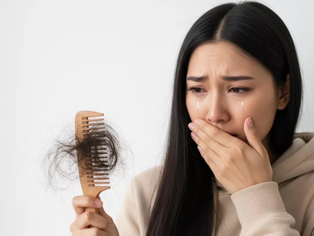 wanita menangis karena rambut rontok berlebihan (Image Concept by Homey Button) wanita menangis karena rambut rontok berlebihan (Image Concept by Homey Button)