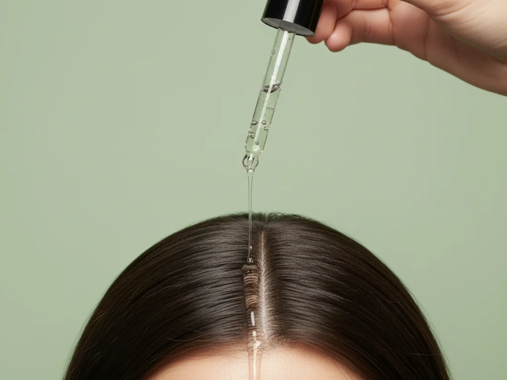 serum untuk rambut rontok diteteskan ke rambut wanita (Image Concept by Homey Button)